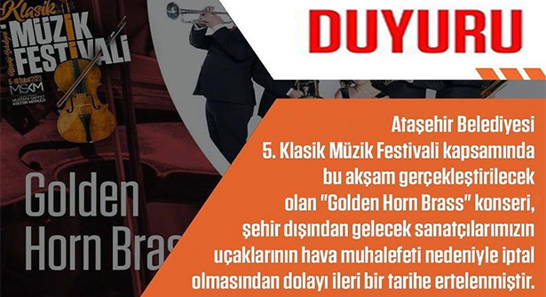 Ataşehir Belediyesi Klasik Müzik Festivali Ertelendi